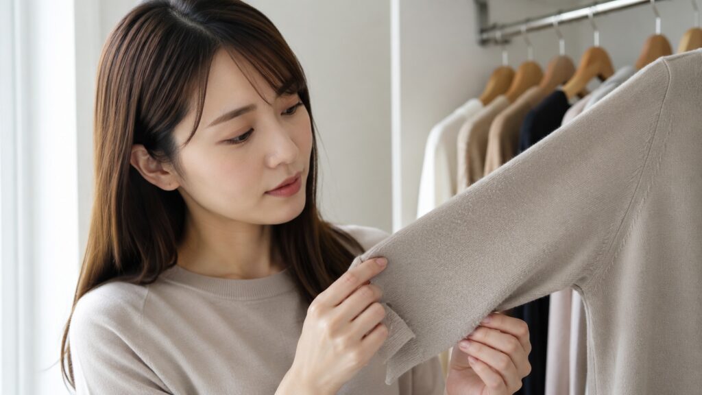 クローゼットでベージュのニット袖を手に取り、表面の毛羽立ちやピリングを確認している若い女性