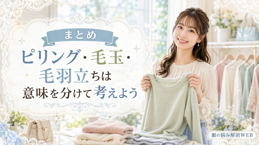 ニットを手に持つ女性と、ピリング・毛玉・毛羽立ちの違いをまとめたイメージ