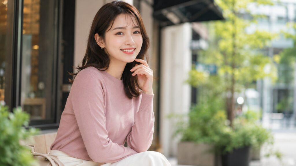 カフェの窓辺で、毛玉のないピンクのニットをきれいに着こなして微笑む若い女性