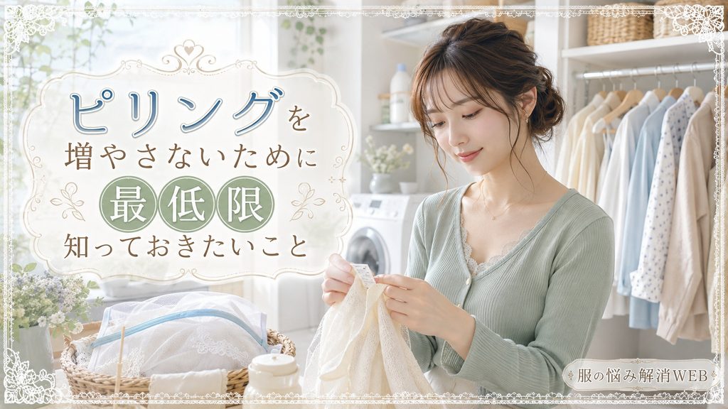 洗濯表示を確認しながら、ピリングを増やさないための衣類ケアを行う女性