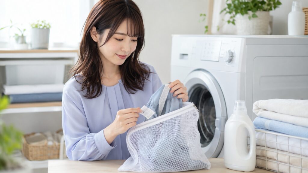 洗濯表示を確認しながらポリエステル衣類を洗濯ネットに入れる女性