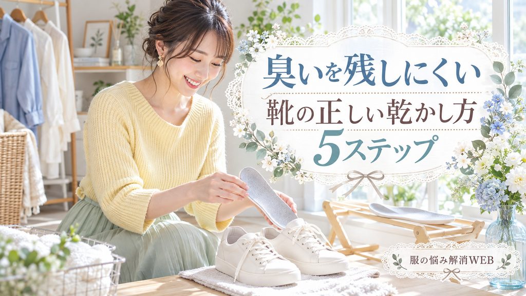 スニーカーからインソールを外し、靴を正しく乾かしている女性のイメージ画像