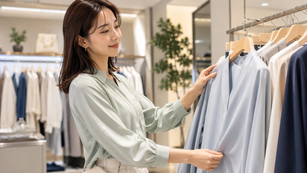 店舗で淡いブルーのなめらかなブラウスを手に取り、シワになりにくそうな素材感を見ている若い女性