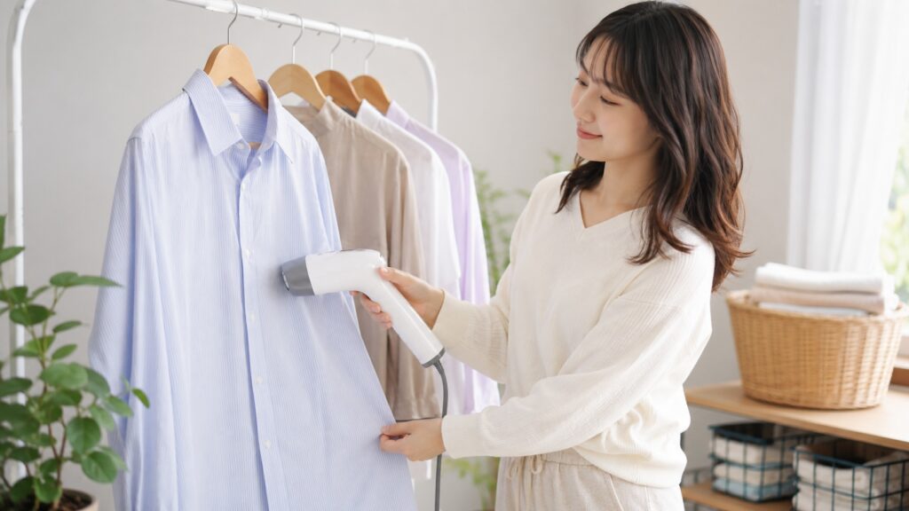 室内でシャツに衣類スチーマーを当てながら、シワを整えている若い女性