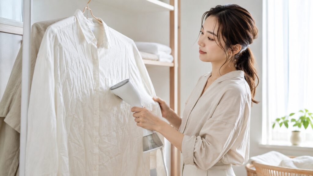 室内で白いシャツに衣類スチーマーを当てながら、シワを伸ばしている若い女性