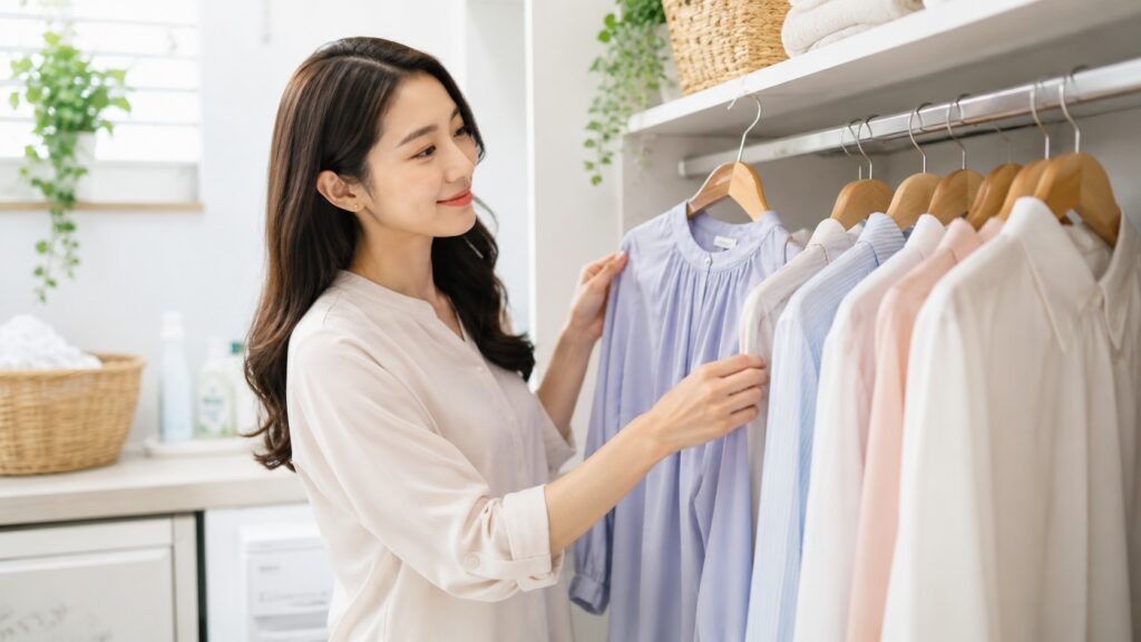 明るいクローゼットで、ブラウスをハンガーに整えてシワを防ぐ準備をしている若い女性