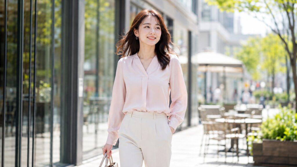 明るい街並みを、シワの少ない淡いピンクのブラウスと白系パンツで歩く若い女性