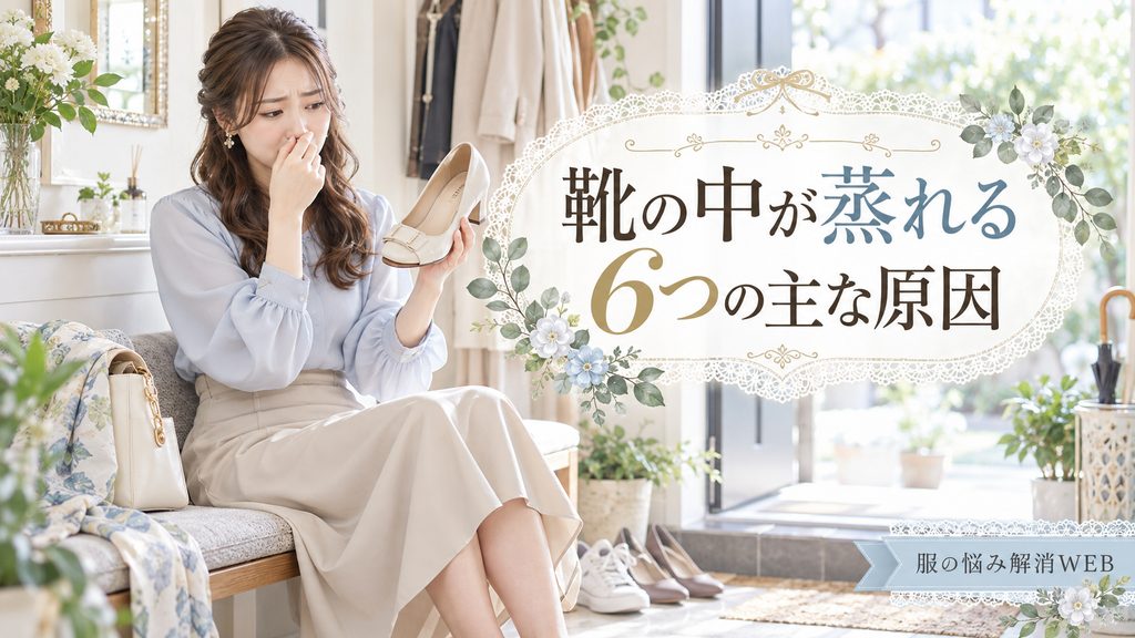 玄関で靴のにおいを気にしながらパンプスを手に持つ女性を描いた、靴の中が蒸れる原因のイメージ画像