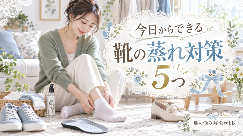靴下やインソールを見直しながら靴の蒸れ対策をする女性を描いた、今日からできる対策のイメージ画像