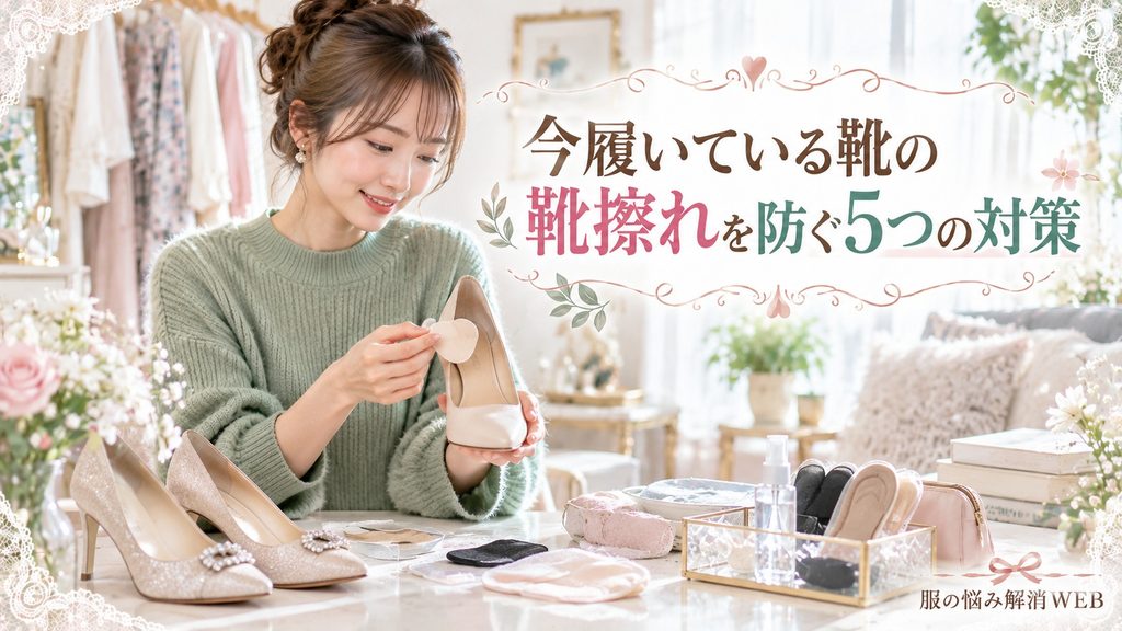 靴擦れを防ぐため、パンプスに靴擦れ防止パッドを取り付ける女性