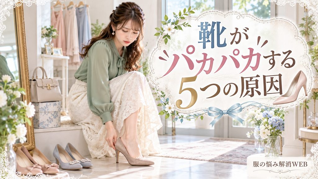 靴がパカパカする原因を確認する女性と複数のパンプス