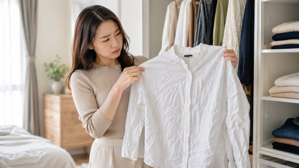 シワのついた白シャツをクローゼットで確認する女性