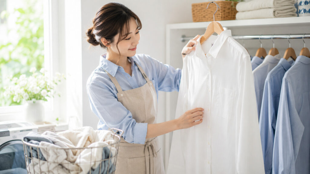 白シャツを整えながら洗濯後のケアをする女性
