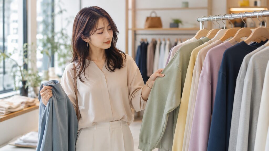 セレクトショップでスウェット素材の服を選ぶ若い女性
