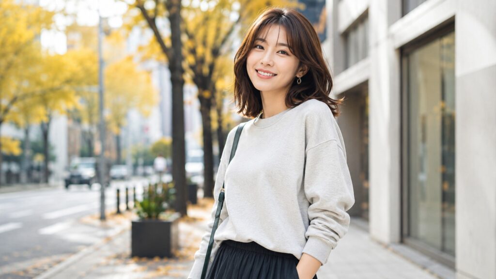 秋の街角でグレーのスウェットをおしゃれに着こなす若い女性