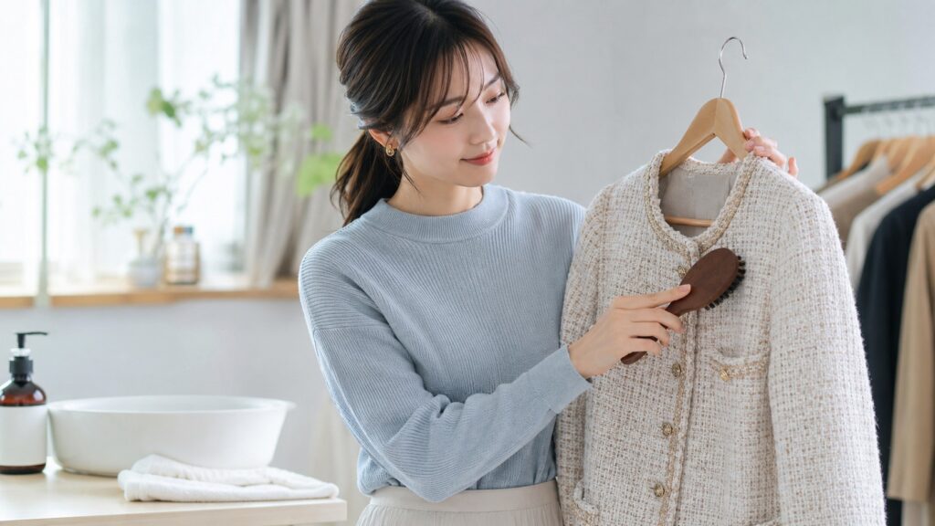 ツイードジャケットをブラッシングして手入れする女性