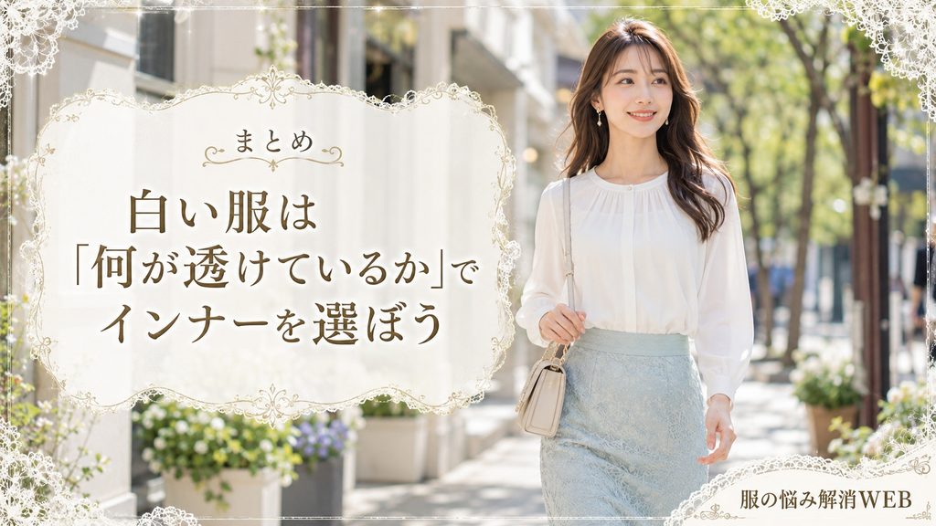 透け対策をした白い服を着て街中を歩く女性