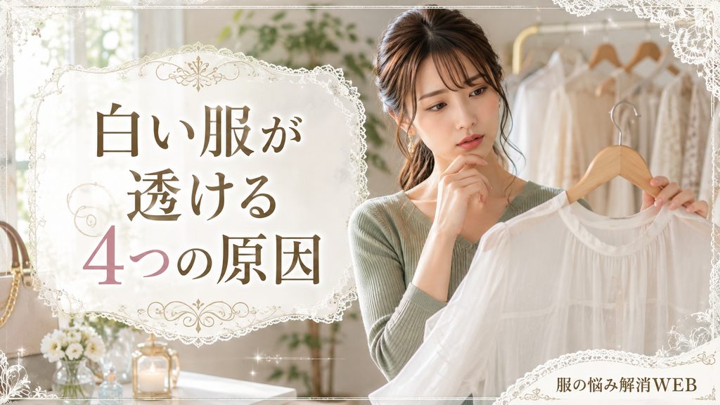 白い服の透けを気にしながら白いトップスを確認する女性