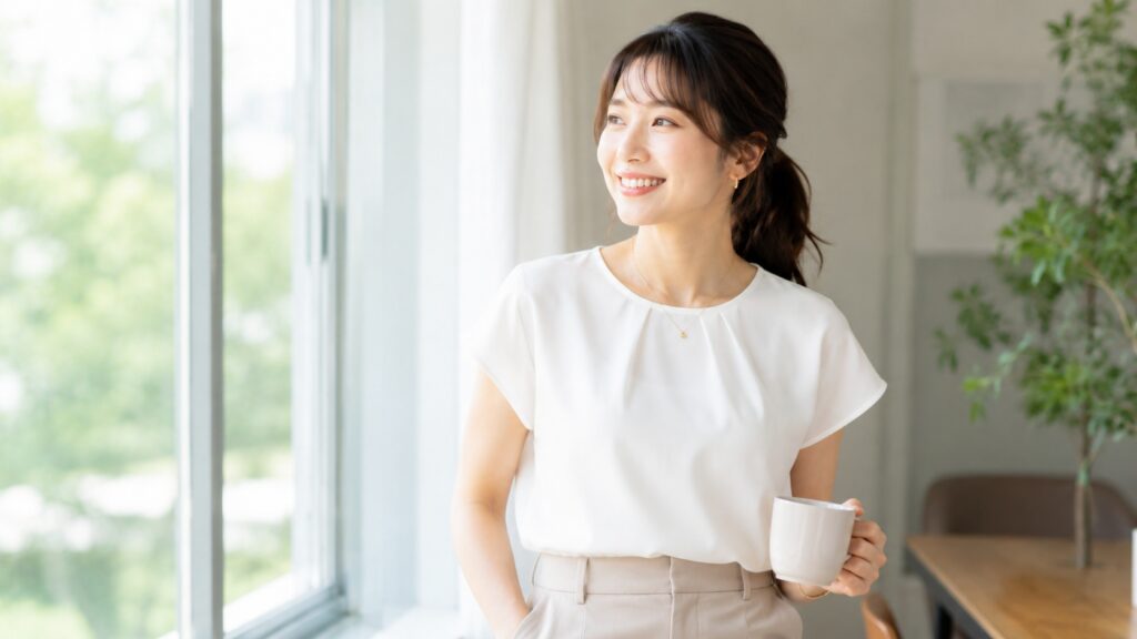 透けにくい白トップスを上品に着こなして微笑む若い女性の姿