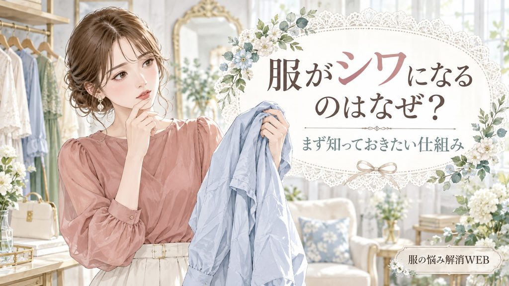 シワのある衣類を手に持ちながら、服にシワができる仕組みを考える女性のイラスト