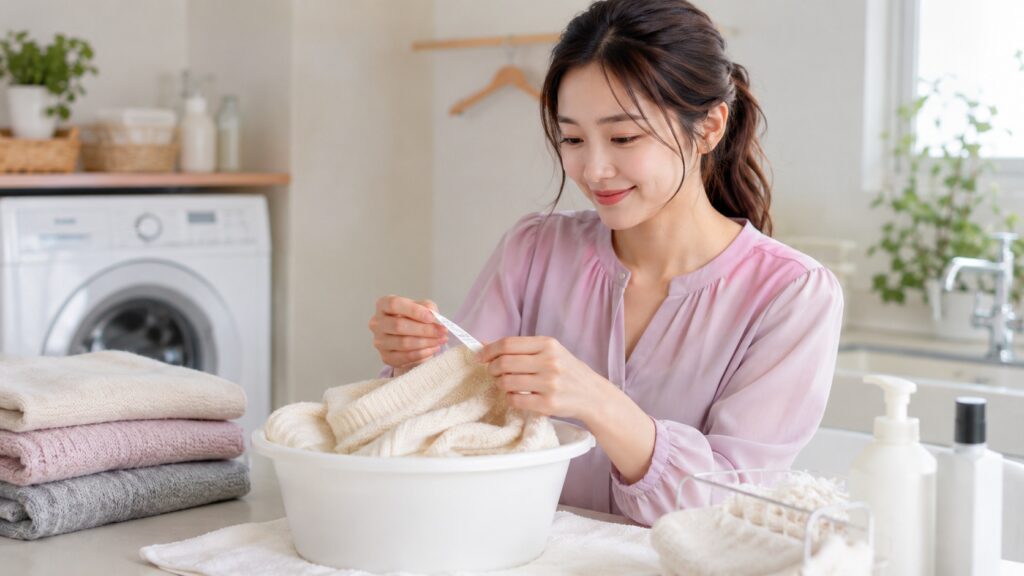 洗濯表示を確認しながらウールニットを手洗いする女性