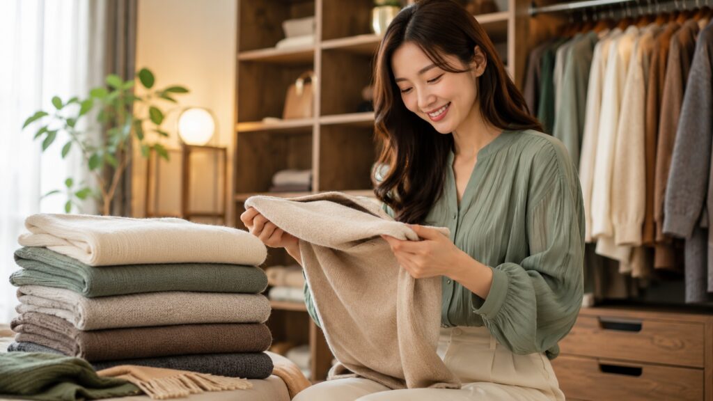 ウール素材の衣類を丁寧に整理する女性と冬服のクローゼット