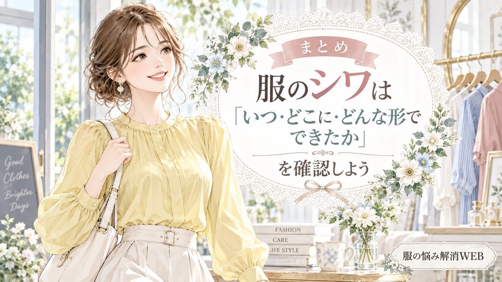 服のシワができた時期・場所・形を確認し、きれいな服装で外出する女性のイラスト