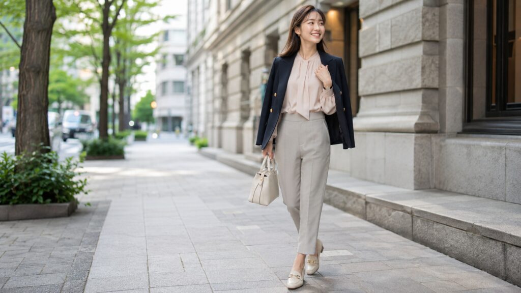 ネイビージャケットと淡色パンツで甘さを抑えた大人フェミニンコーデの日本人女性