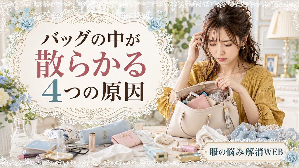 バッグの中が散らかって困る女性と、バッグから小物があふれている様子