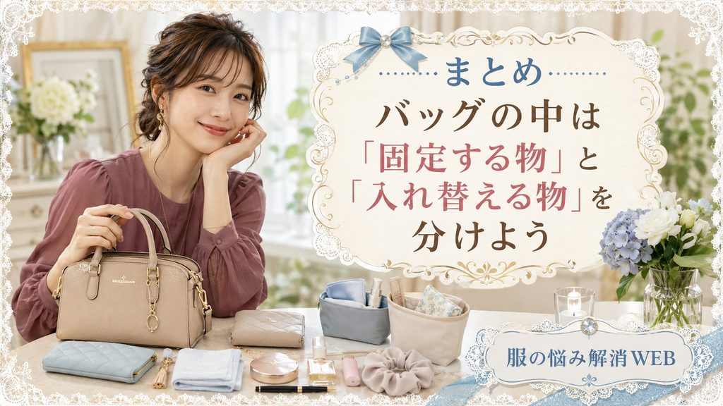 バッグの中身を固定する物と入れ替える物に分けて整理した女性