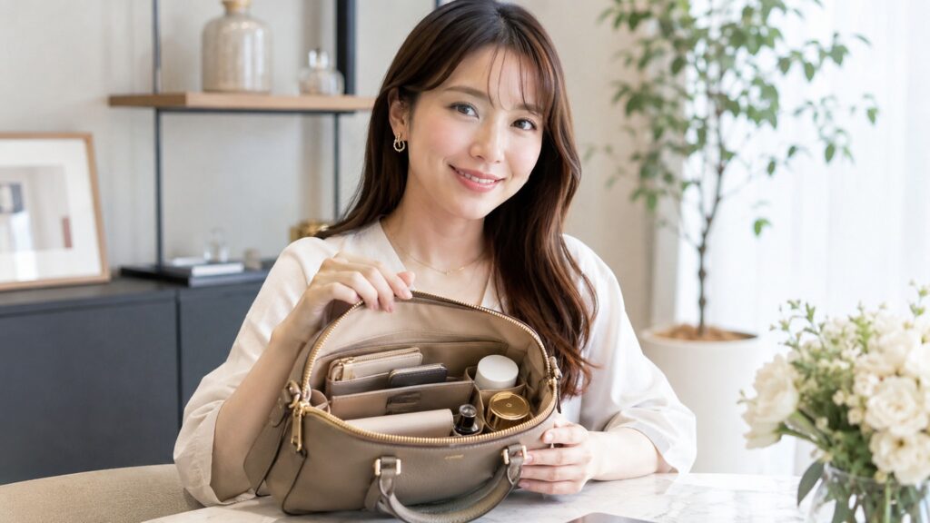 仕切りのあるバッグの中を見せながら、整った収納状態を笑顔で確認する若い女性