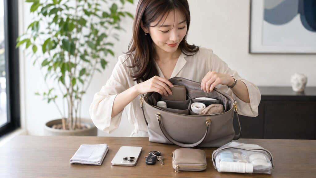 財布やスマホ、小物ポーチをテーブルに並べ、バッグの中を整理整頓している若い女性