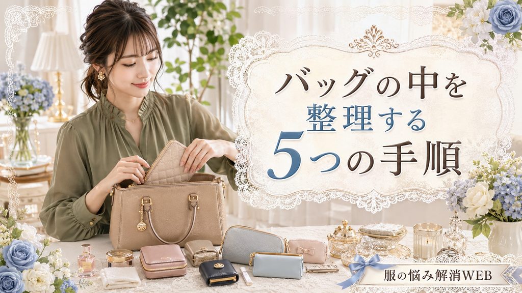 バッグの中身をテーブルに並べ、財布やポーチなどを整理している女性
