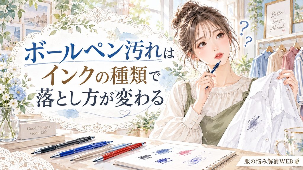 ボールペン汚れはインクの種類によって落とし方が変わることを説明する女性向けイラスト