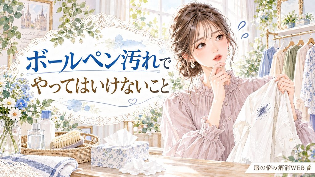 ボールペン汚れのケアでやってはいけないことを確認する女性のイラスト
