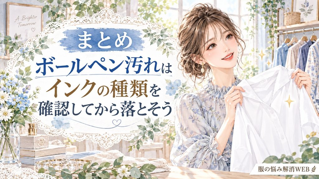 インクの種類を確認してボールペン汚れを正しく落とすポイントをまとめたイラスト