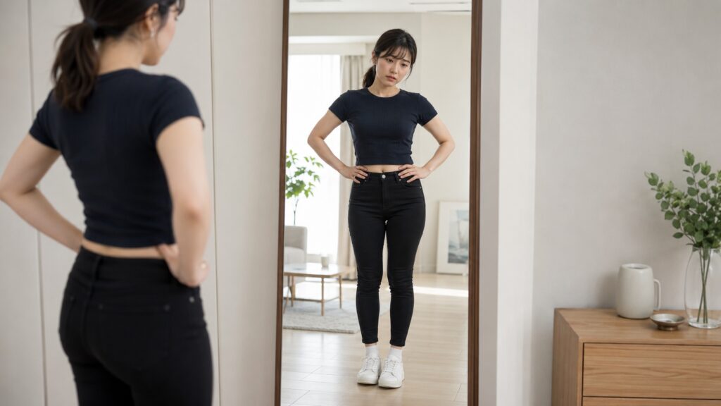 鏡の前で黒スキニーのシルエットやバランスを確認する日本人女性