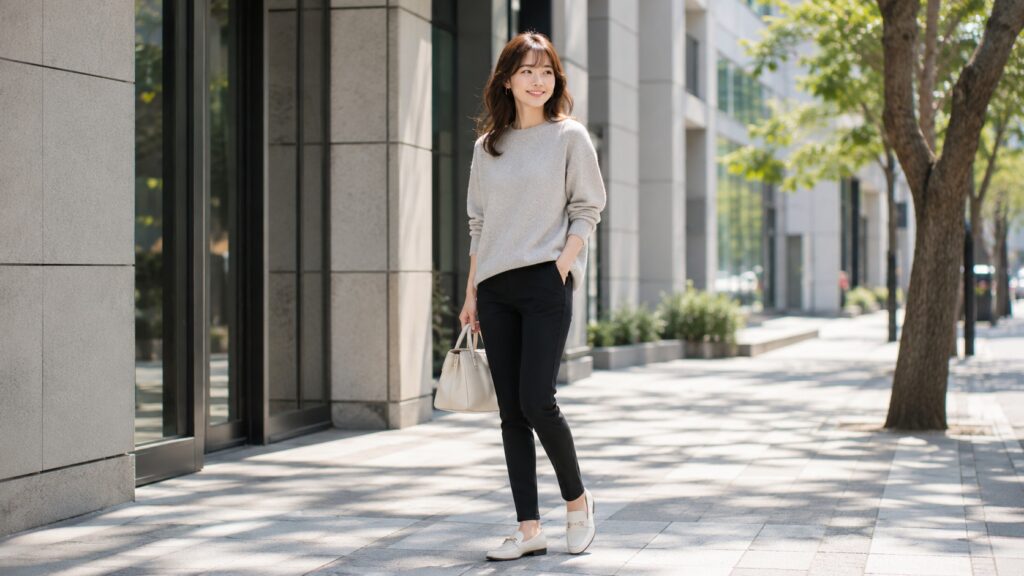 黒スキニーに明るいニットを合わせて軽やかに着こなす日本人女性