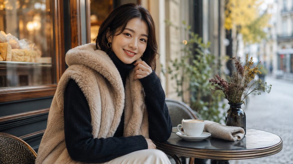 ベージュのボアベストを着た女性が冬のカフェテラスで微笑んでいる様子