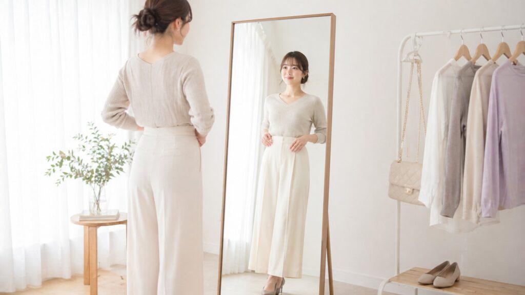 服の悩み解消WEB 鏡の前で自分の骨格タイプをチェックする女性