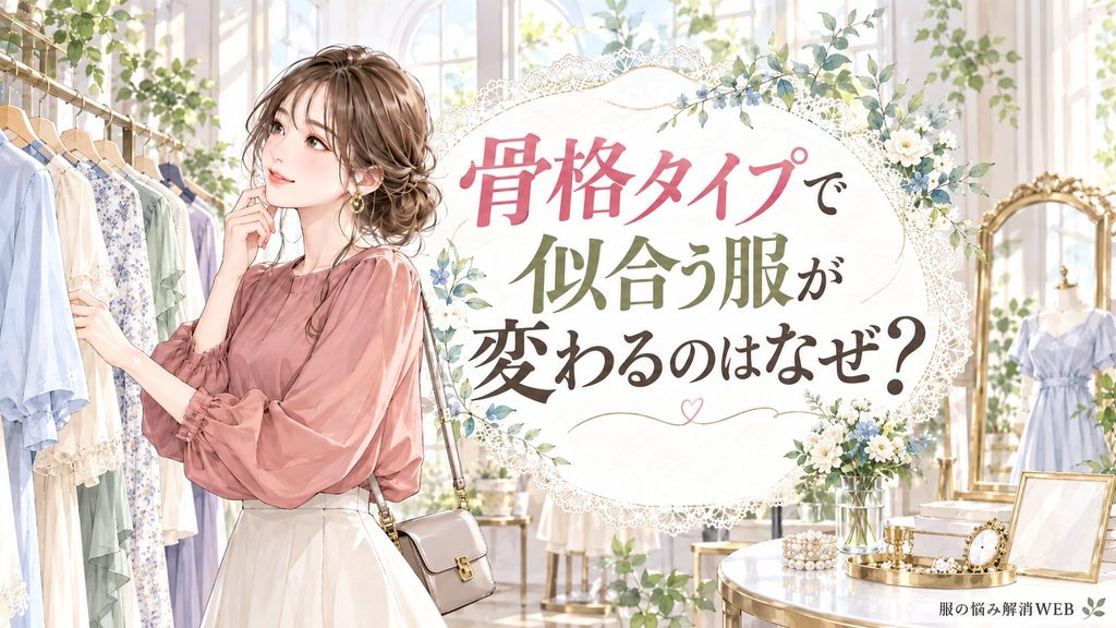 洋服を見比べながら骨格タイプによって似合う服が変わる理由を考える女性のイラスト