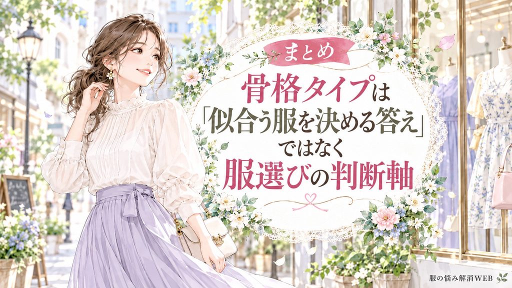 骨格タイプを服選びの判断軸として自分に似合うコーディネートを楽しむ女性のイラスト