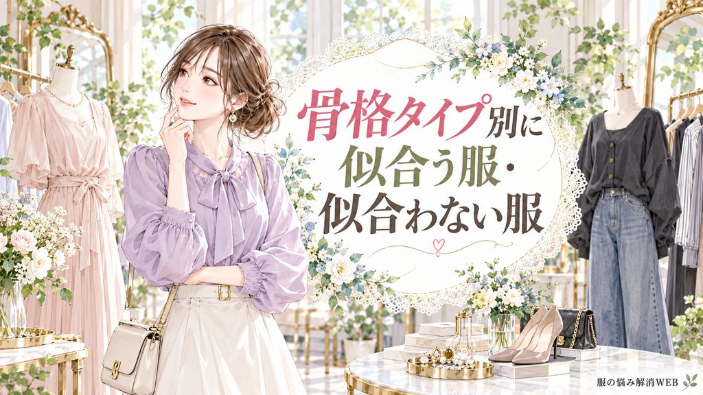 骨格タイプ別に似合う服と似合わない服を比較しながら服選びをする女性のイラスト