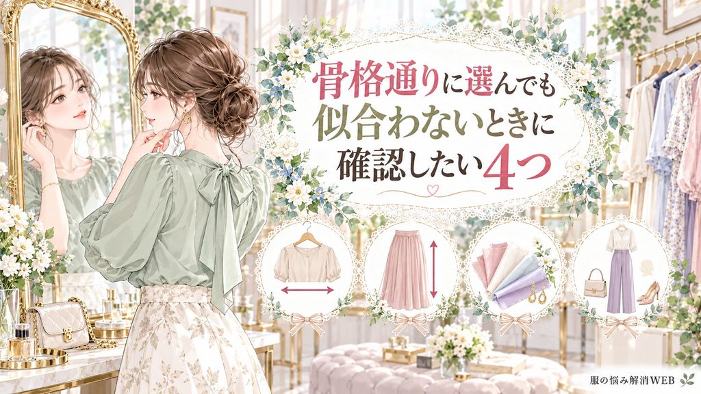 骨格通りに選んでも似合わないときにサイズ・丈・色・全体バランスを確認する女性のイラスト