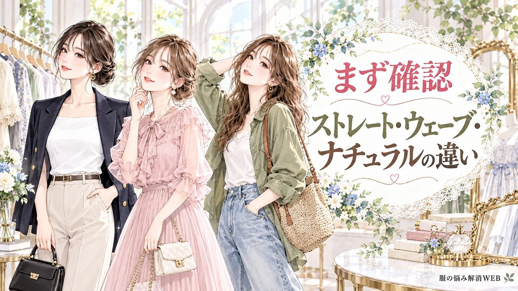 骨格ストレート・ウェーブ・ナチュラルの3タイプを異なるコーディネートで比較した女性イラスト
