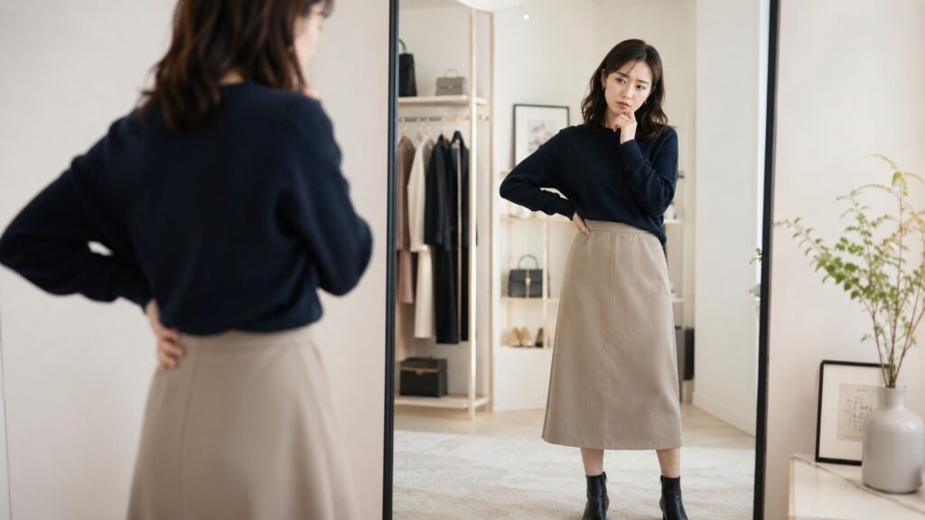 鏡の前でブーツとスカートのバランスを確認し、着こなしに悩んでいる日本人女性