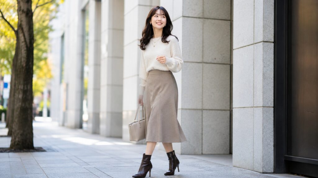 街中でブーツとスカートをバランスよく着こなし、笑顔で歩く日本人女性