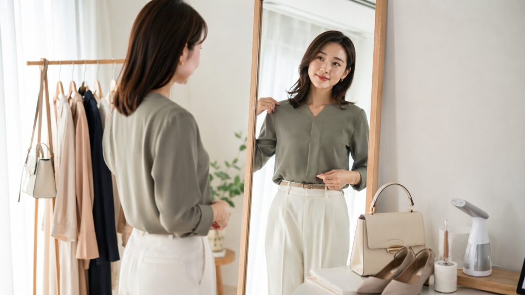 鏡の前でトップスとパンツのサイズ感を整えながら、高見えコーデを確認する若い女性