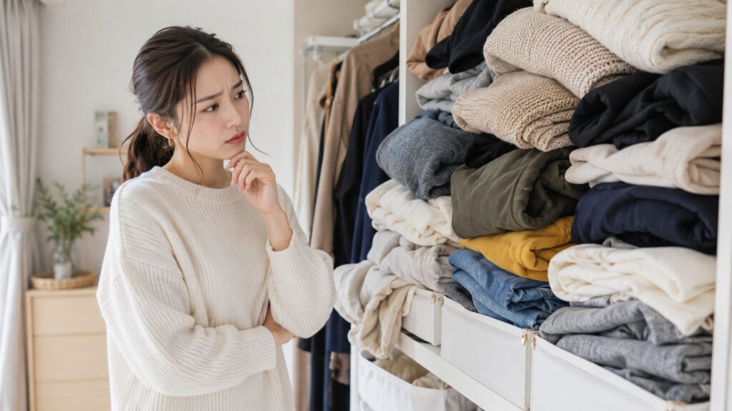 かさばった服でいっぱいのクローゼットを前に、収納方法に悩む若い日本人女性