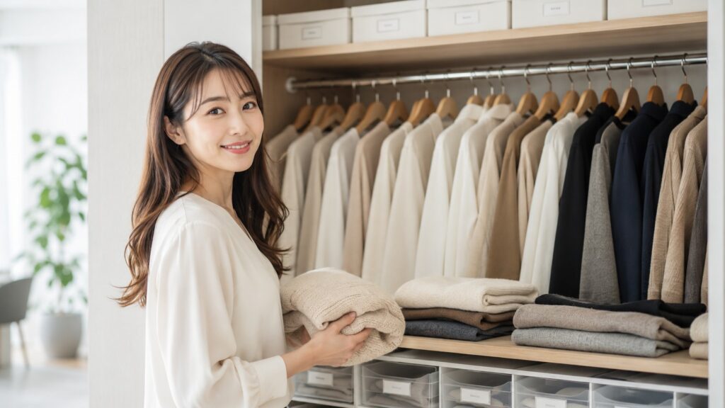 整理されたクローゼットの前で、畳んだニットを持ちながら微笑む若い日本人女性